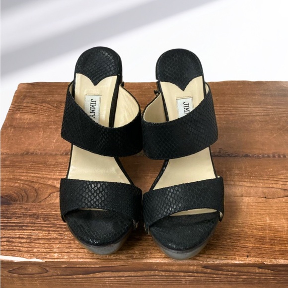 Luxury Jimmy Choo Ulrika Black Leather Snakeskin Wood Heels Size 38 - Picture 2 of 7